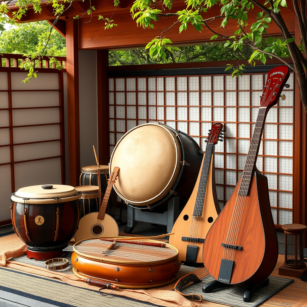 Traditional Japanese musical instruments including taiko drums, koto, and shamisen arranged in a serene setting