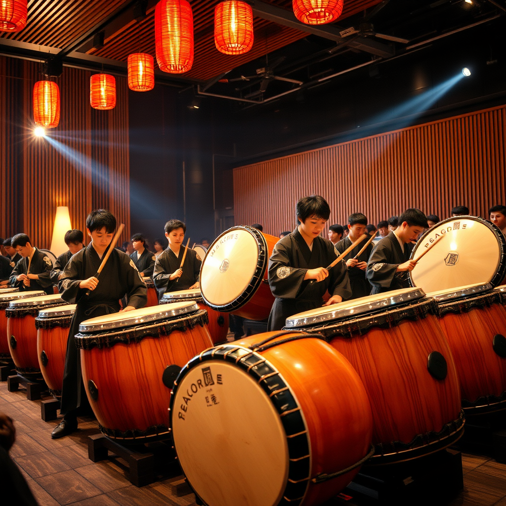 Traditional taiko drummers performing in modern Tokyo venue with dynamic lighting, showing young musicians in traditional happi coats playing large wooden drums, capturing the energy and cultural fusion of contemporary taiko performances