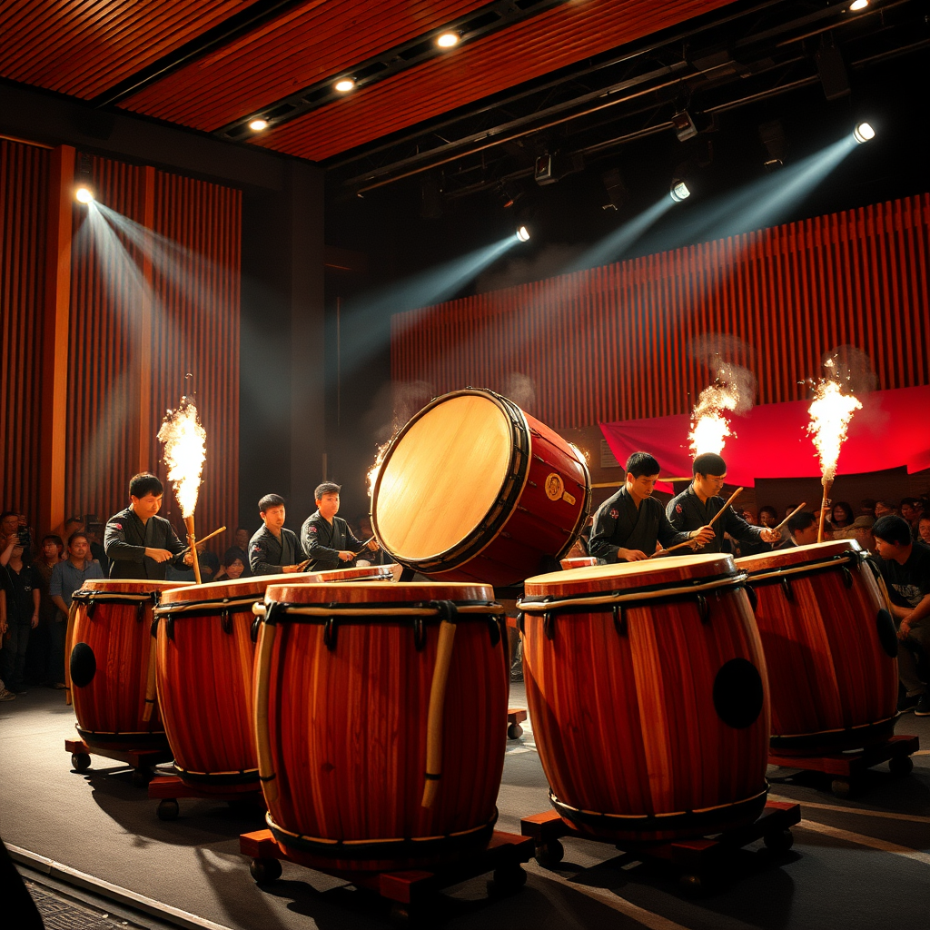 Traditional taiko drummers performing in modern Tokyo venue with dramatic lighting, showing the fusion of ancient Japanese percussion instruments with contemporary stage design