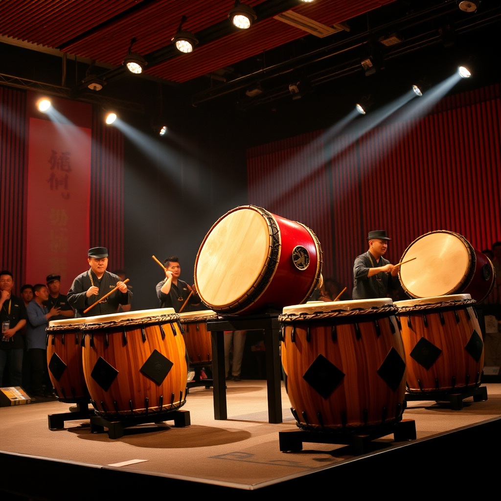 Traditional taiko drummers performing on stage in modern Tokyo venue with dramatic lighting, showing the fusion of ancient art and contemporary presentation
