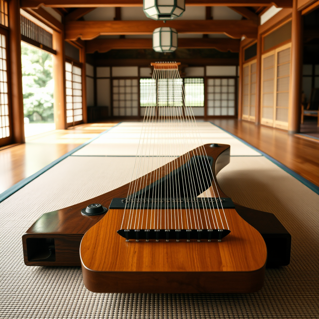 Traditional Japanese koto instrument with 13 strings laid on tatami mat in serene temple setting with soft natural lighting