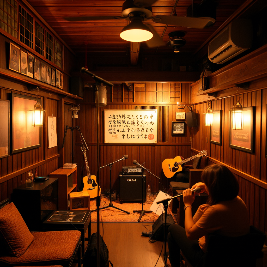 Intimate underground folk music venue in Tokyo with warm lighting, wooden interior, traditional Japanese elements mixed with modern acoustic setup, small stage with microphones and acoustic guitars, cozy seating arrangement