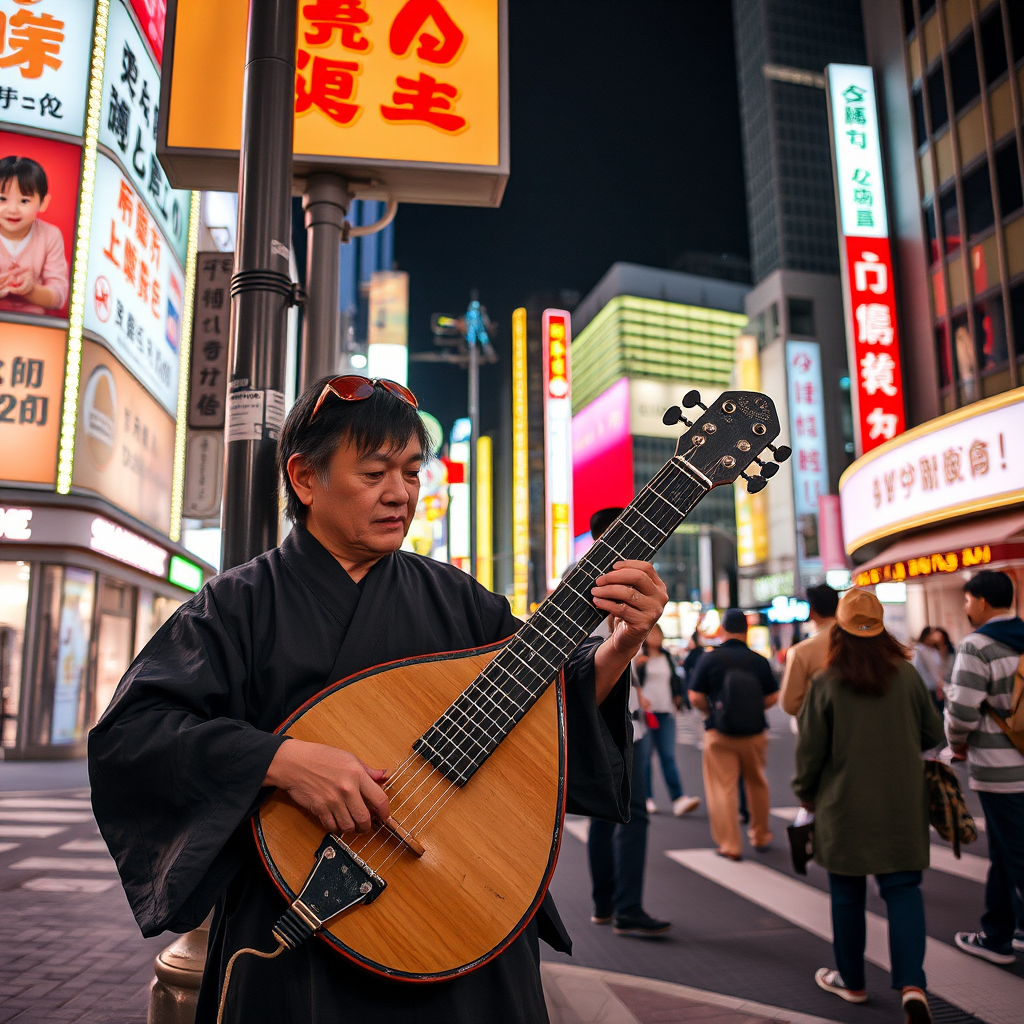 Traditional shamisen player performing on a busy street corner in Shibuya, Tokyo, with neon lights and modern buildings in the background, creating a striking contrast between traditional Japanese music and urban cityscape
