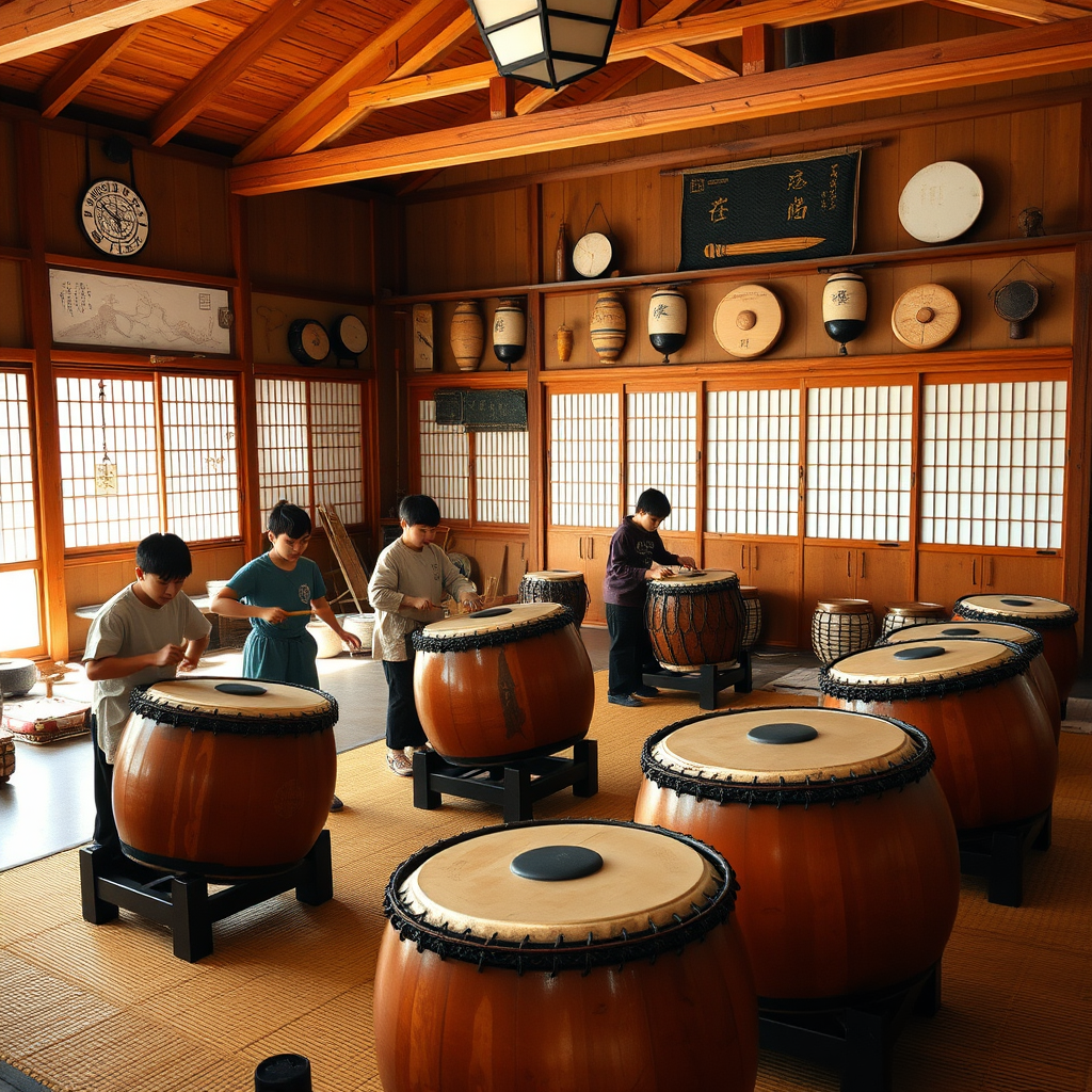 Students learning traditional Japanese taiko drumming in a wooden dojo with traditional instruments displayed on walls