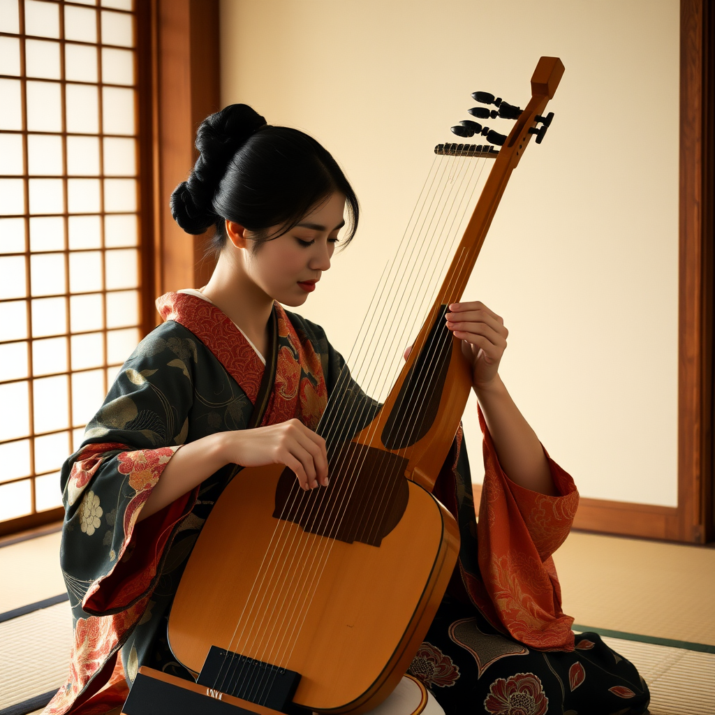 Elegant koto player in traditional kimono performing on the 13-stringed Japanese instrument in a serene tatami room, with delicate hand positioning on strings, showcasing the grace and precision of classical Japanese string music