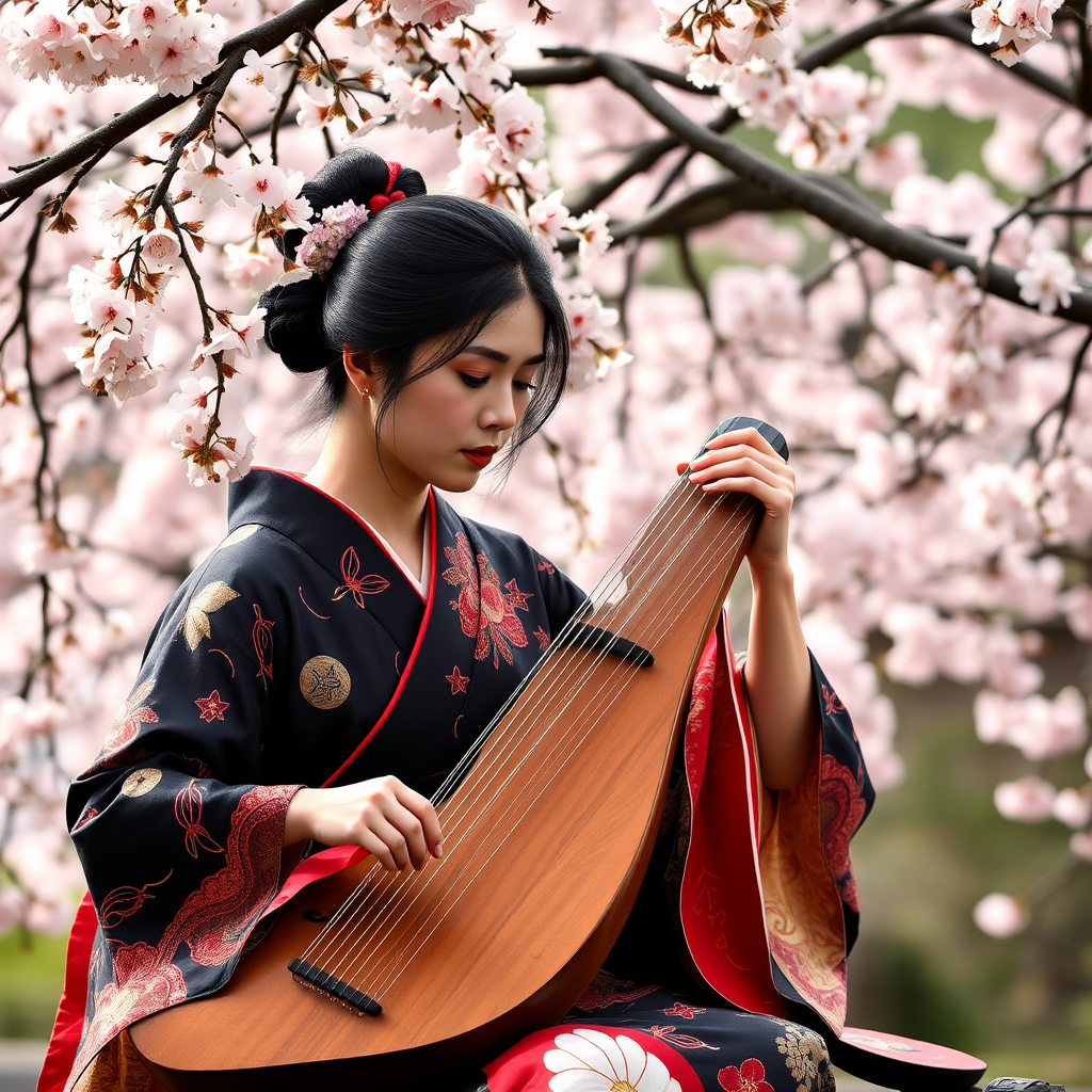 Elegant koto player in traditional kimono performing on the Japanese string instrument in a serene setting with cherry blossoms, showcasing the graceful hand positions and wooden soundboard