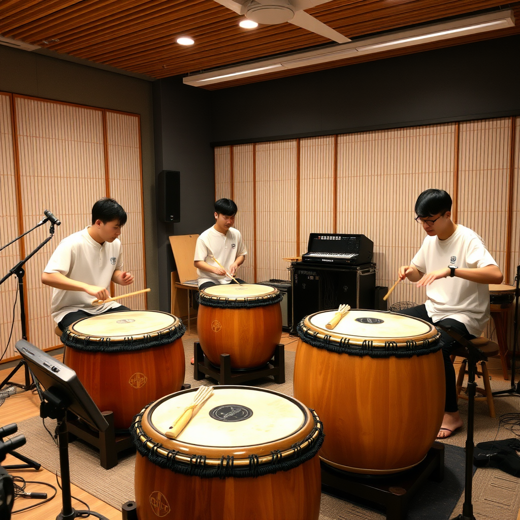 Young Japanese musicians practicing taiko drumming in a modern Tokyo studio with traditional drums and contemporary sound equipment