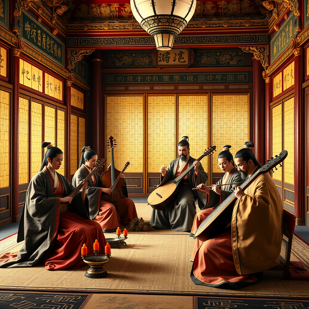 Ancient Japanese court musicians in traditional robes playing koto instruments in an ornate imperial palace hall with golden screens
