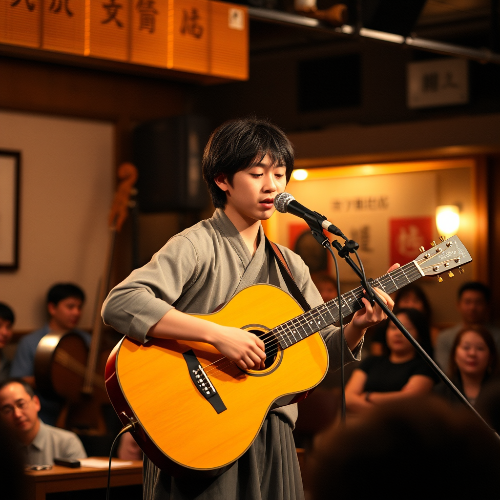 Young Japanese folk artist performing on stage with acoustic guitar, traditional shamisen visible in background, intimate venue setting with warm ambient lighting and engaged audience