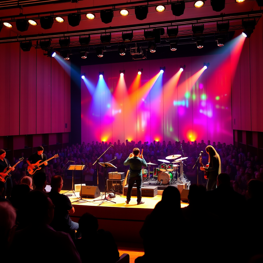 Modern concert hall with shamisen player on stage performing alongside electric guitars and drums, audience silhouetted against colorful stage lighting, showcasing the fusion of traditional and contemporary music