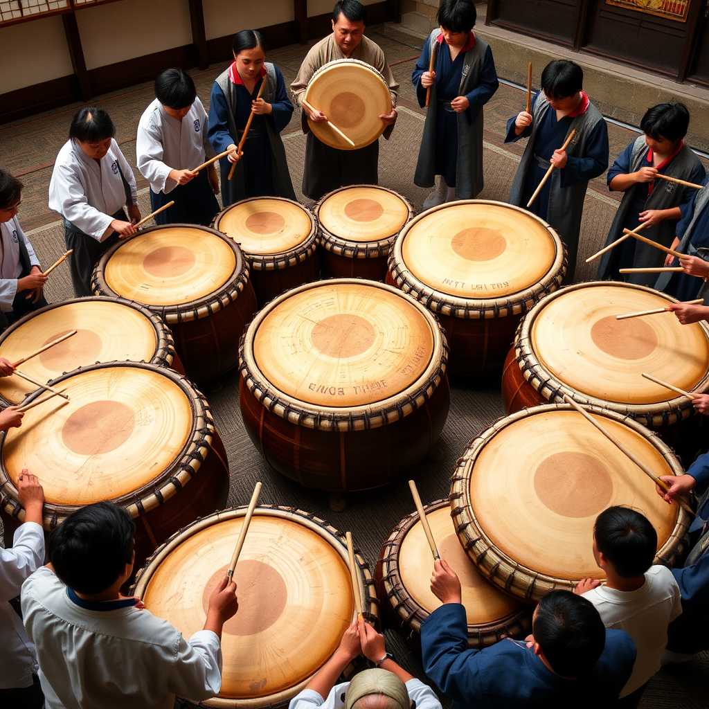 Large traditional taiko drums arranged in a circle with wooden drumsticks, participants in traditional clothing practicing rhythmic patterns