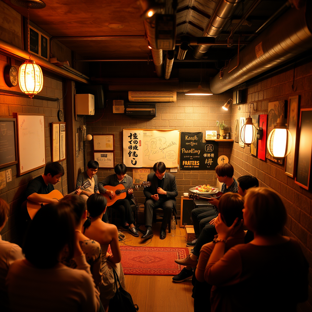 Intimate underground folk music venue in Tokyo with warm lighting, acoustic guitars, and small audience gathered around performers blending traditional Japanese melodies with contemporary storytelling in a cozy basement setting