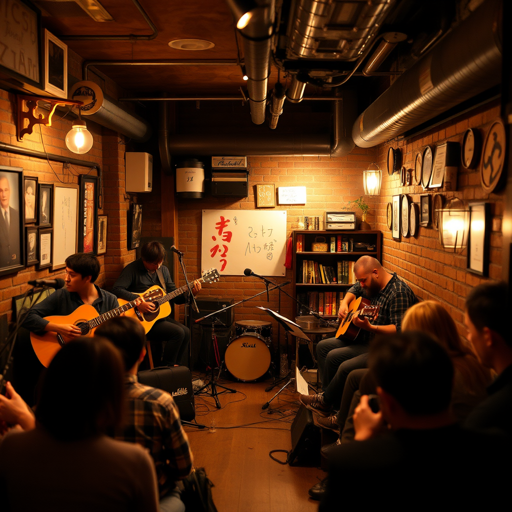 Intimate underground music venue in Tokyo with folk musicians performing acoustic guitars and traditional instruments, warm lighting creating cozy atmosphere with small audience