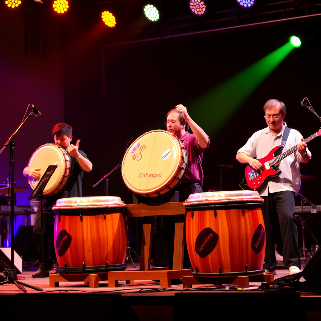 Fusion taiko performance on stage with traditional drums alongside modern instruments like electric guitars and synthesizers, with colorful stage lighting