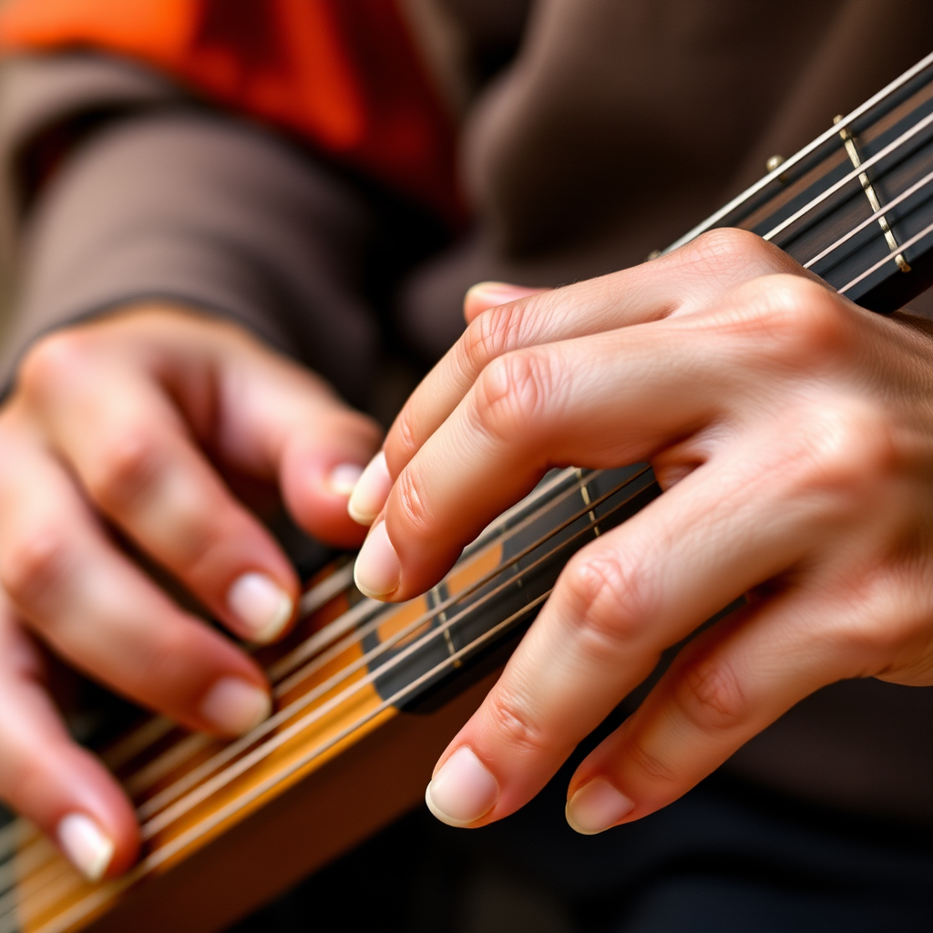 Close-up view of skilled hands playing koto with traditional ivory picks, showing precise finger positioning and technique