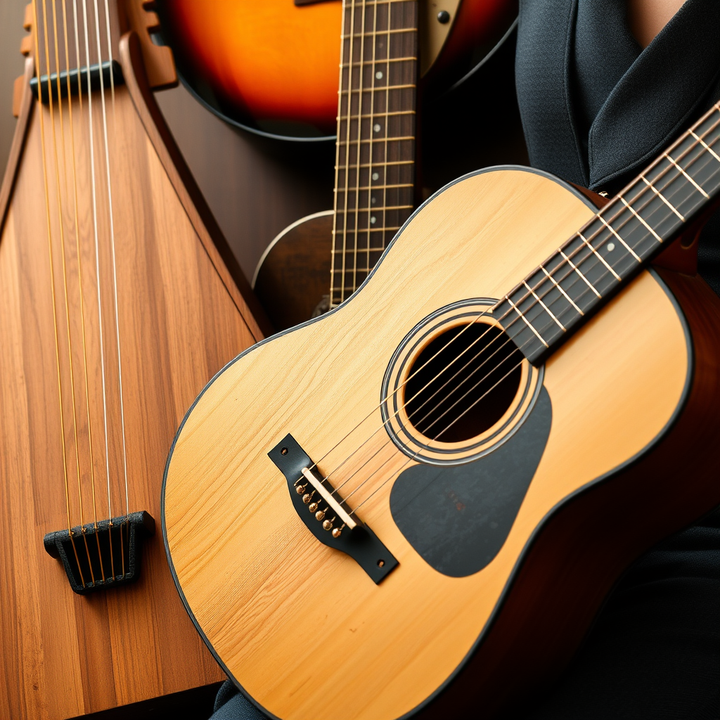 Close-up of traditional Japanese instruments including koto, shamisen, and modern acoustic guitar arranged together, representing the fusion of traditional and contemporary folk music