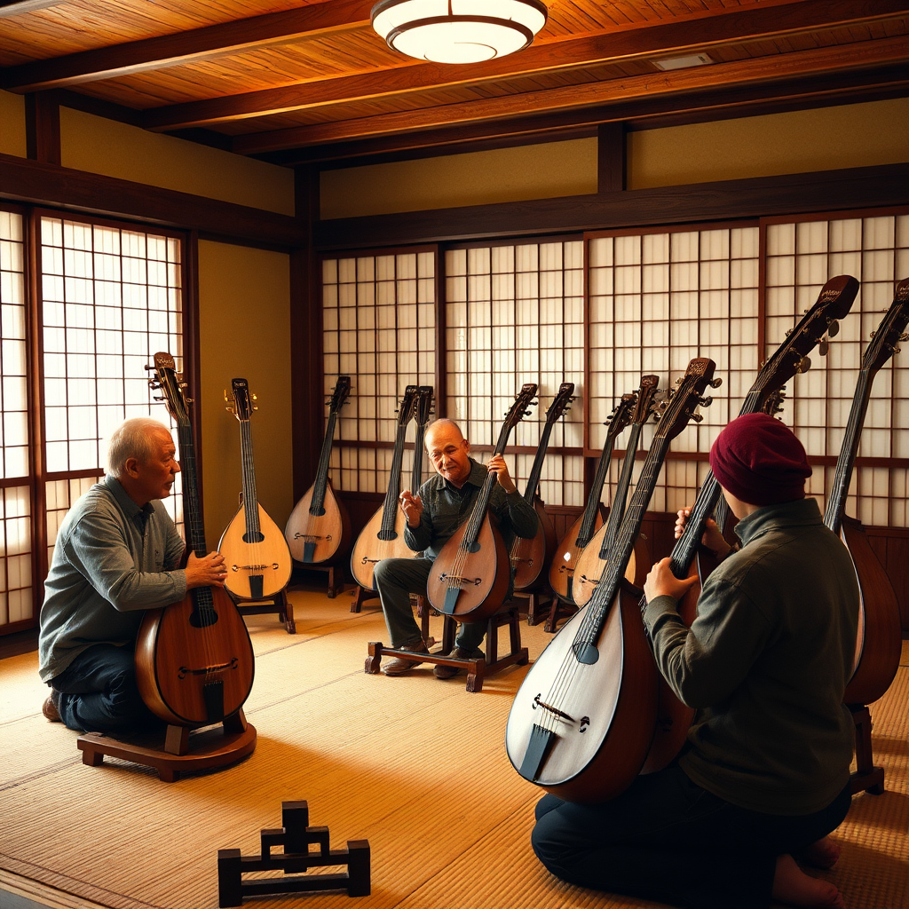 Intimate workshop setting with elderly shamisen master teaching young students in a traditional tatami room, with multiple shamisen instruments displayed on wooden stands, warm lighting creating a peaceful learning atmosphere