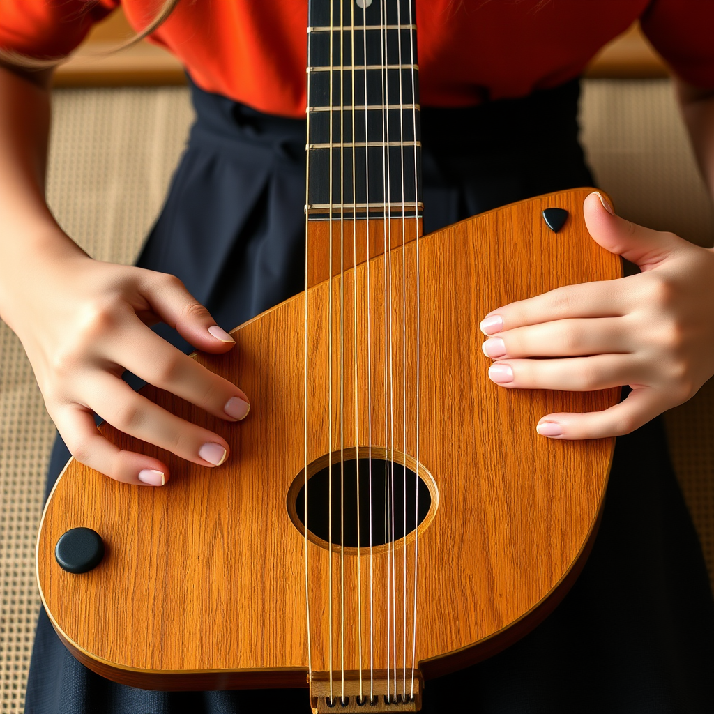 Elegant koto string instrument with 13 strings laid horizontally, student's hands positioned over strings with traditional picks