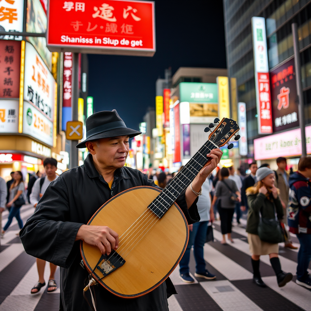 Street performer playing shamisen three-string instrument in busy Shibuya crossing at night with neon lights and urban backdrop, showing traditional music in modern city setting