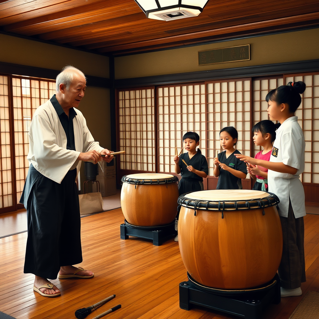 Elderly Japanese taiko master teaching young students proper drumming technique in traditional dojo setting with wooden floors and paper screens