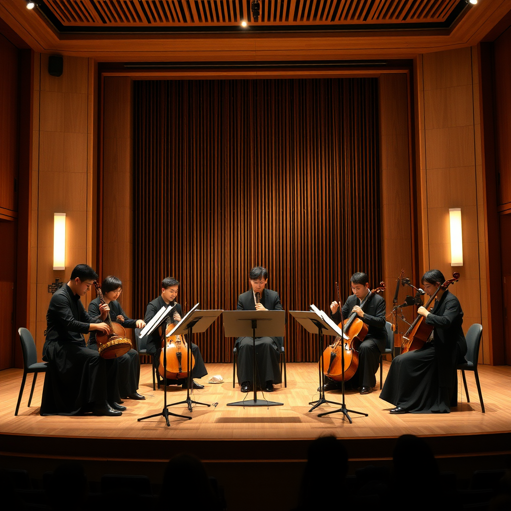 Modern koto ensemble of five musicians performing contemporary composition in elegant concert hall with dramatic stage lighting