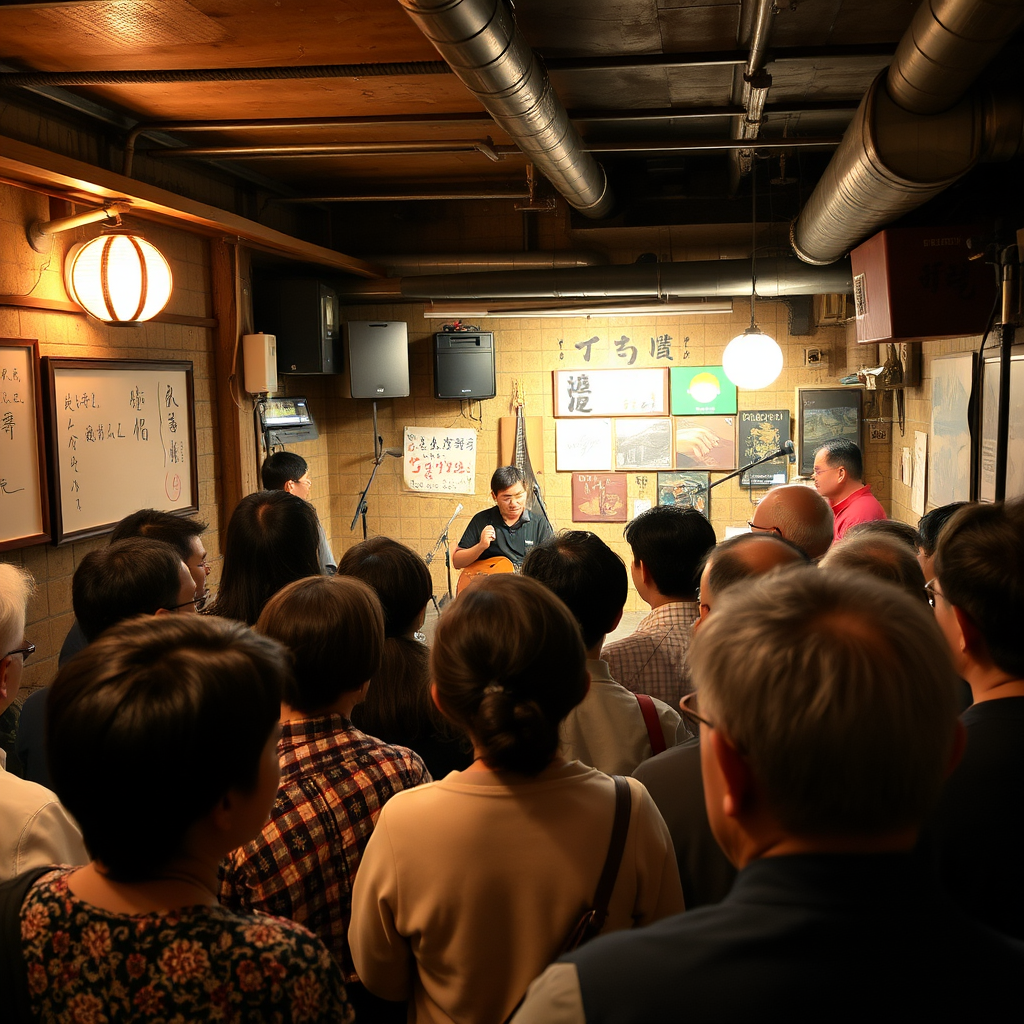 Diverse audience in underground Tokyo venue listening to folk performance, showing intergenerational gathering with traditional and modern elements visible in the intimate setting