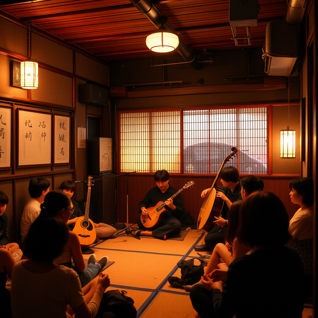 Evening scene of shamisen performance in a small Tokyo venue with warm ambient lighting, intimate audience seated on floor cushions, traditional and modern elements blending harmoniously in the atmospheric setting