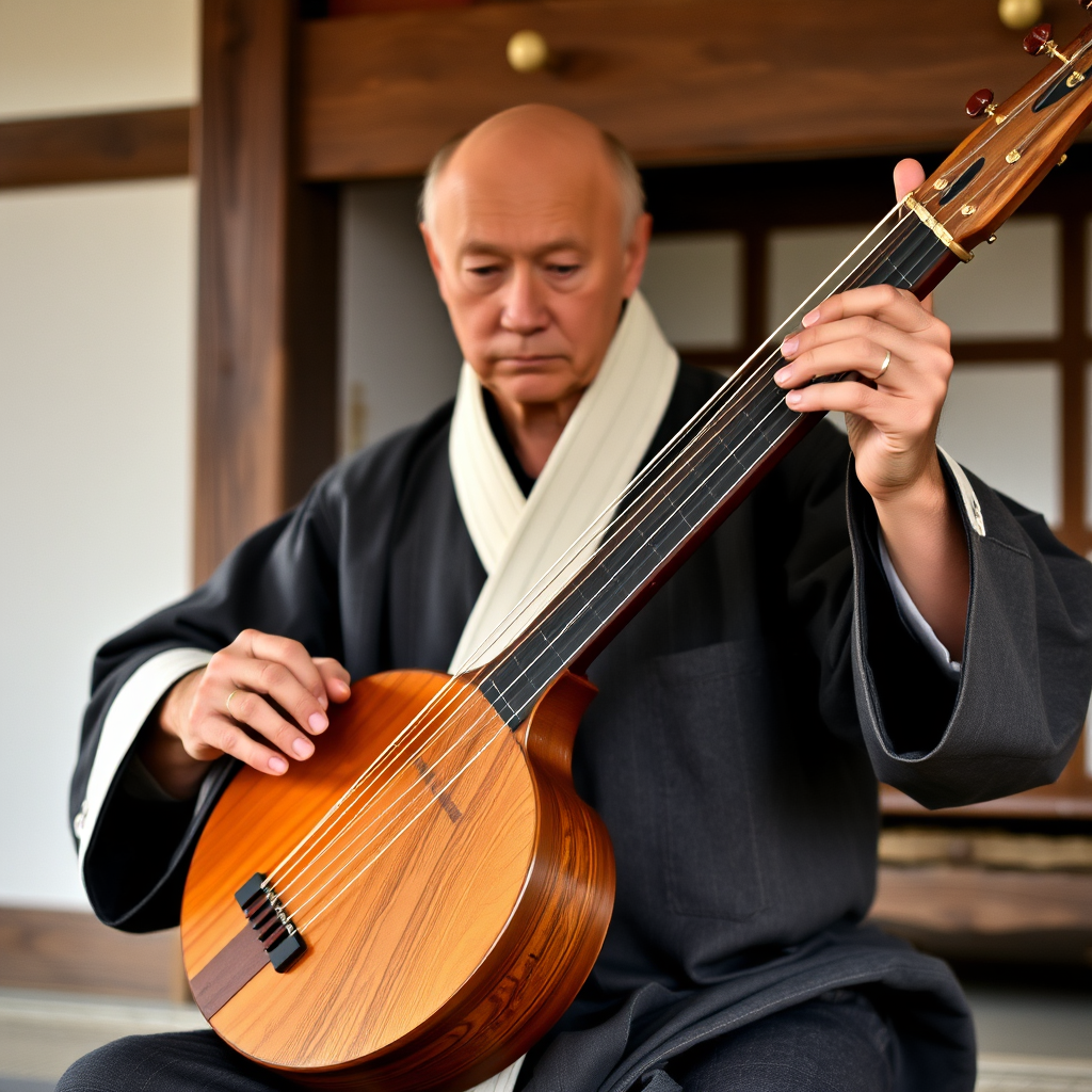 Traditional shamisen three-stringed instrument with wooden body and long neck, instructor demonstrating proper bowing technique