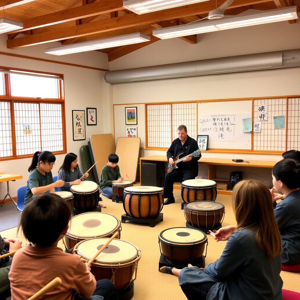 Cultural workshop classroom with students learning traditional Japanese instruments including taiko drums, koto, and shamisen, instructor demonstrating techniques in bright educational setting