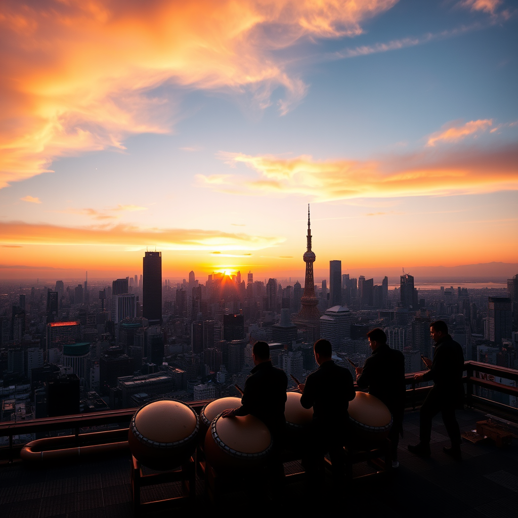 Panoramic view of Tokyo skyline at sunset with silhouettes of taiko drummers performing on a rooftop, symbolizing the blend of ancient tradition with modern urban life
