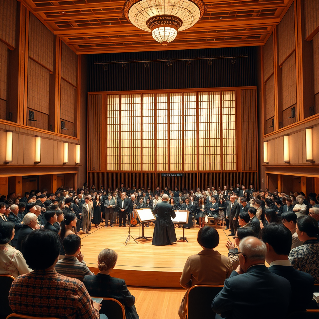 Elegant Tokyo concert hall interior with koto master performing on stage before an appreciative audience in traditional and modern dress