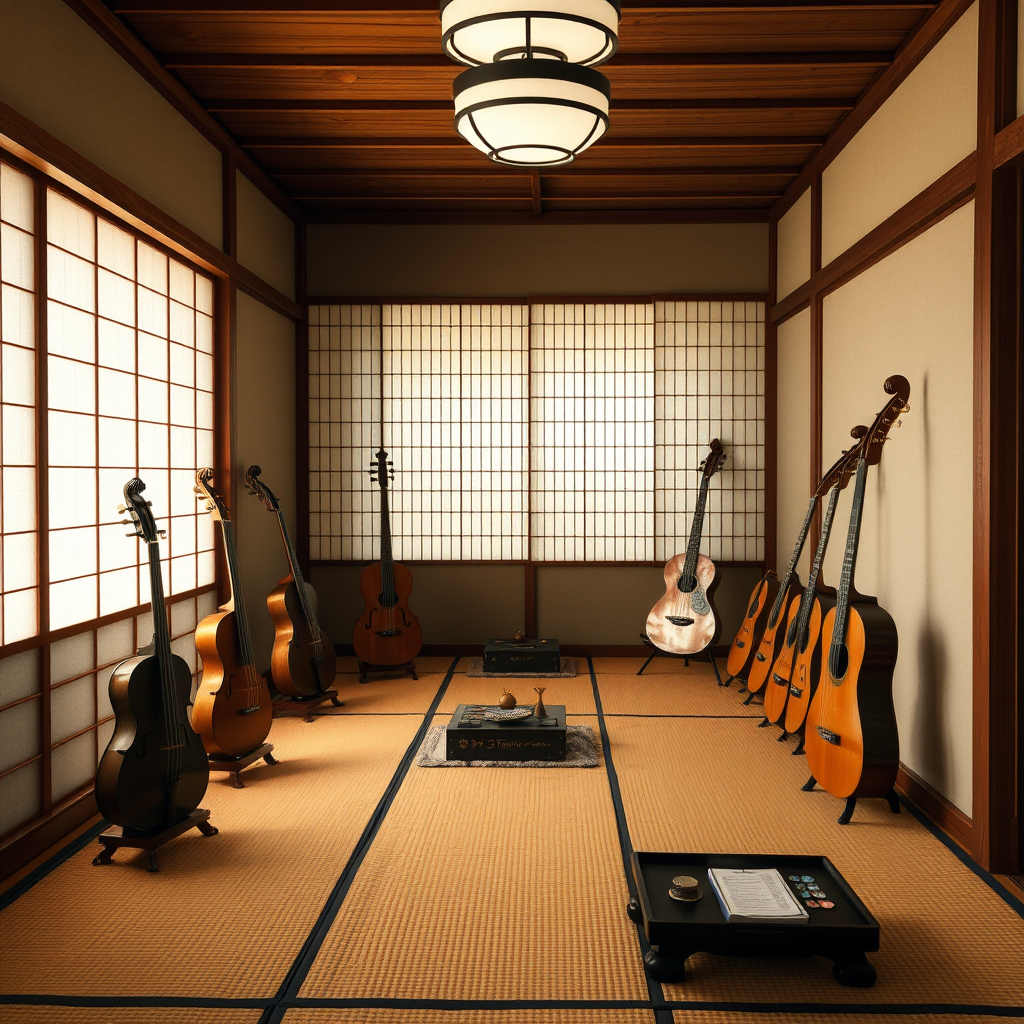 Traditional Japanese music room with tatami mats, wooden instruments displayed on stands, soft natural lighting from paper screens