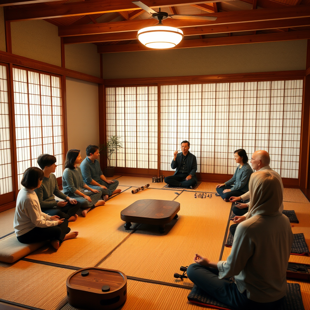 Peaceful music therapy session with participants sitting in meditation posture around traditional Japanese instruments, soft lighting creating calming atmosphere